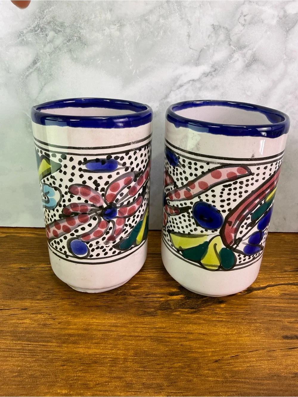 Set of 6 Mexican Talavera Style Pottery Tumblers Hand Painted Fish Folk Art Cups